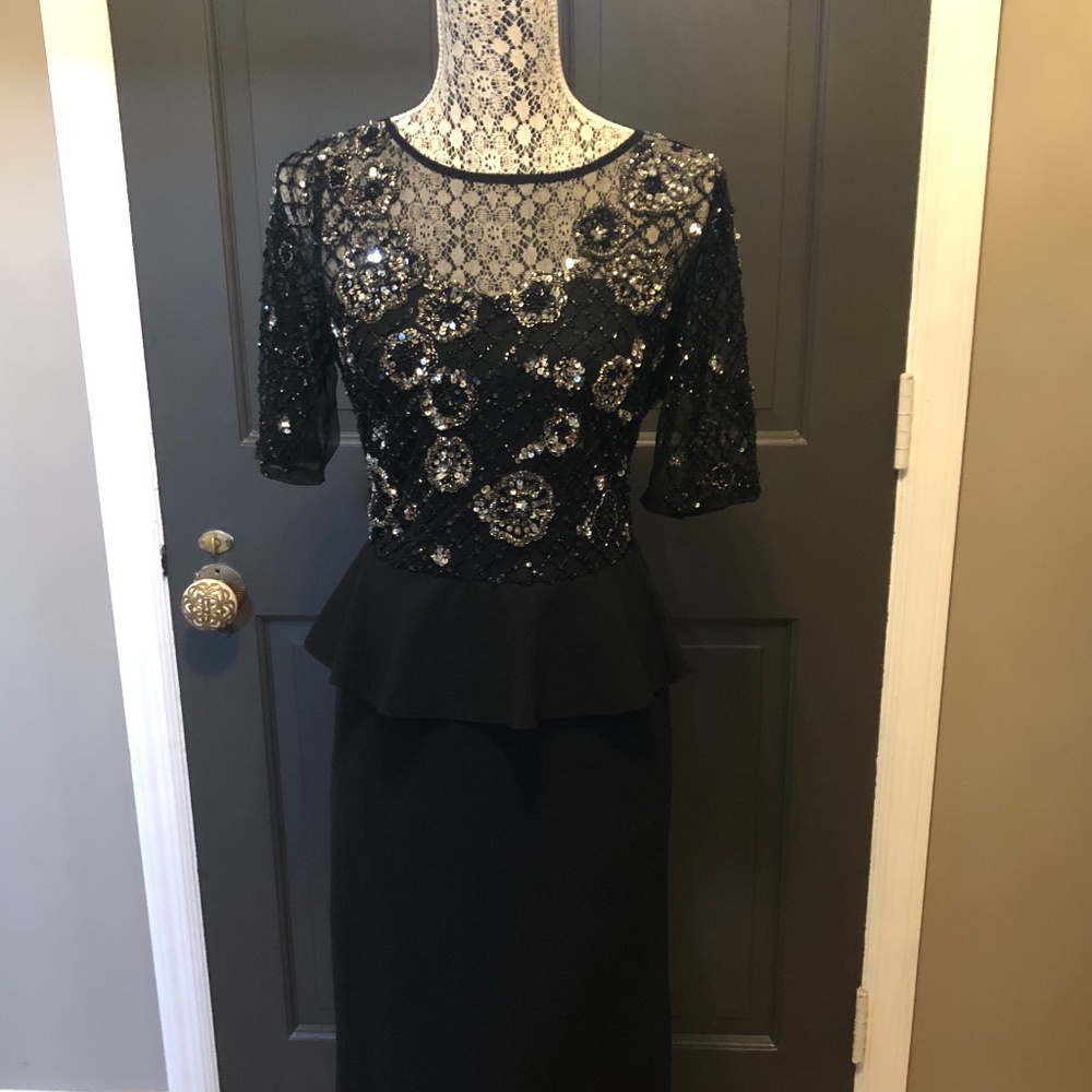 Adrianna Papell Black Sequin Lace Peplum Midi Cocktail Dress